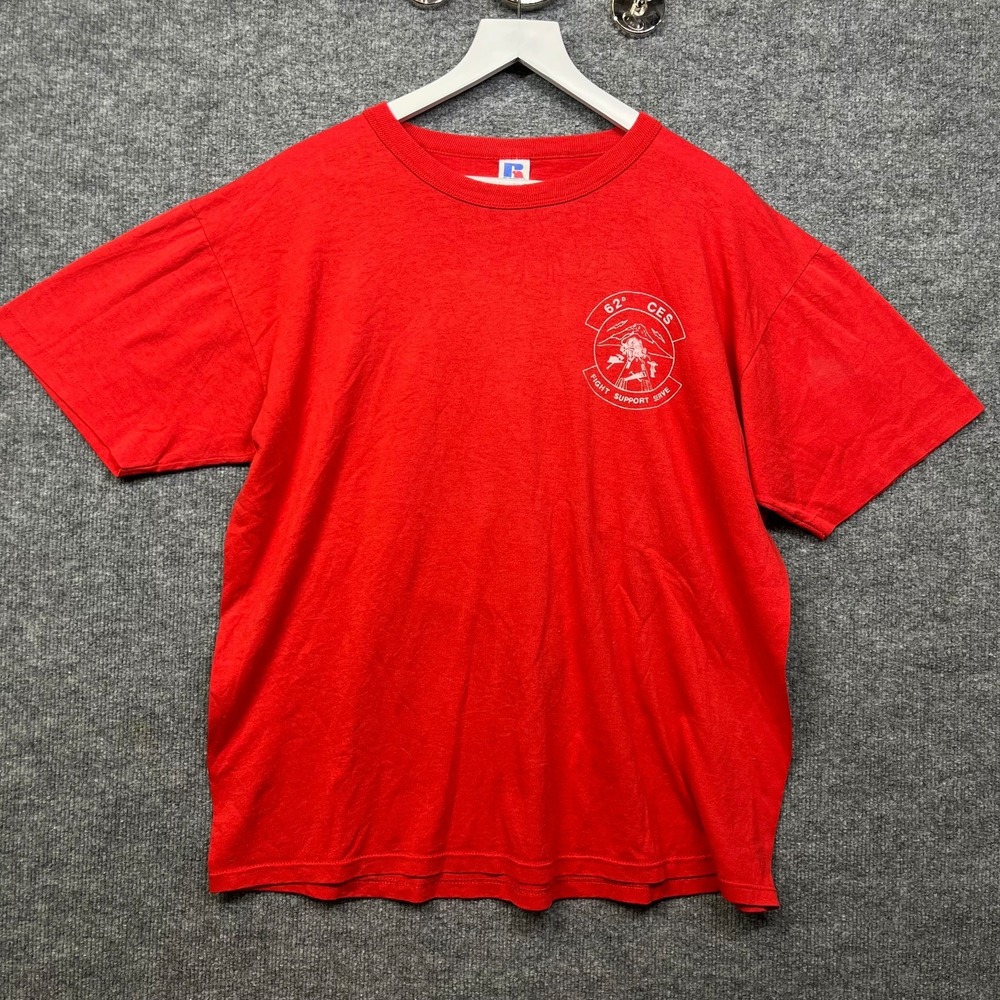VTG Russell Athletic 62 CES Air Force T-Shirt Red Single Stitch USA Made - XL
